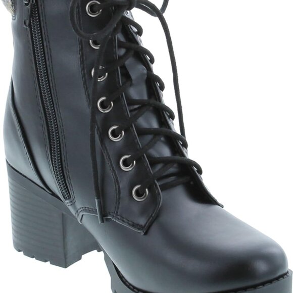 Chunky Heel Combat Ankle Boot Women Rubber Lug Sole Lace Zipper Black - Picture 7 of 8